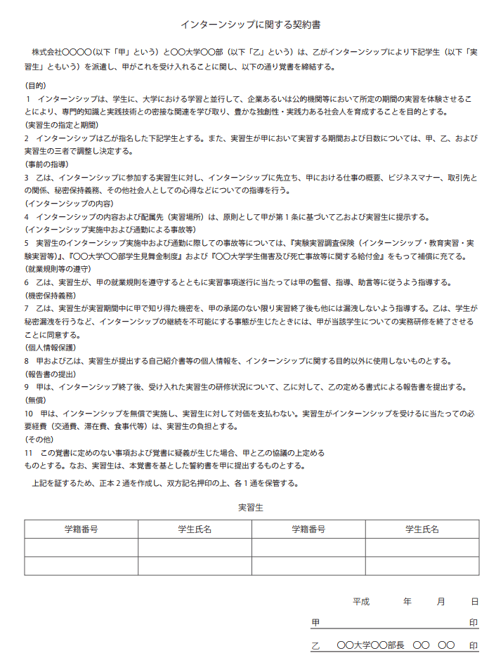 インターンシップに関する契約書